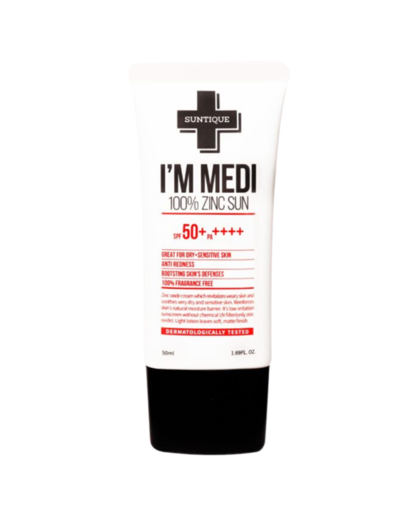 Crema solar suave de Suntique para pieles secas, sensibles o reactivas. Con óxido de zinc, bloquea los rayos UVA y UVB, calma y suaviza la piel.