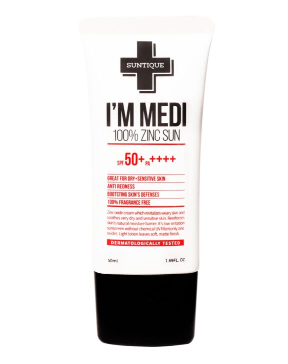 Crema solar suave de Suntique para pieles secas, sensibles o reactivas. Con óxido de zinc, bloquea los rayos UVA y UVB, calma y suaviza la piel.