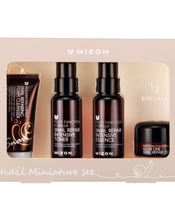 Pack de k-Beauty de miniaturas con limpiador, tónico, esencia y crema de mucina de caracol. Hidrata y equilibra, ideal si tienes manchas o marcas.