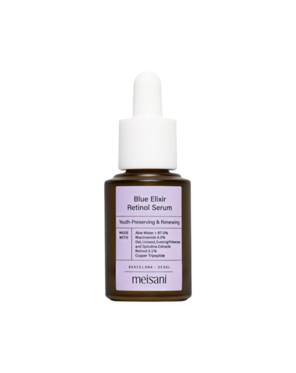 Retinol Serum Blue Elixir con aloe vera y péptidos. Renueva, hidrata y mejora textura y luminosidad, reduciendo signos de envejecimiento.
