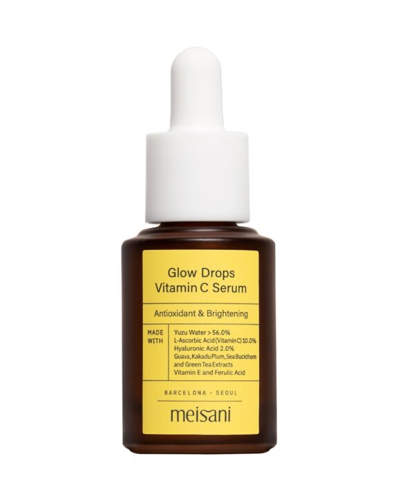 Sérum antioxidante de Meisani con 10% de vitamina C y ácido hialurónico. Ilumina, unifica el tono y protege la piel del fotoenvejecimiento.