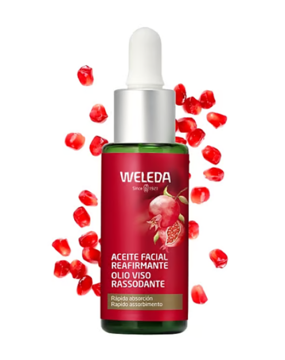 Aceite facial reafirmante de granada, rico en antioxidantes naturales. Combate los signos del envejecimiento y devuelve la firmeza a tu piel.