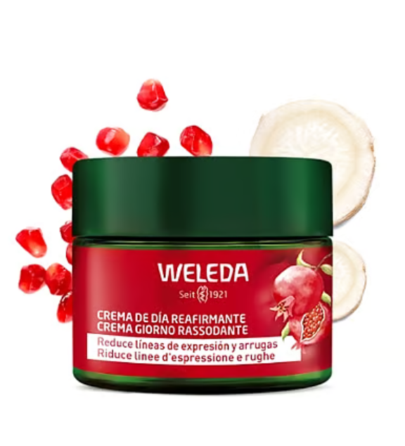 Crema de día reafirmante con granada BIO y péptidos de maca, fórmula 100% natural que nutre la piel, mejora su elasticidad y ayuda a reducir arrugas.