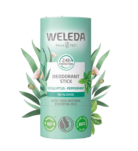 Desodorante sólido natural en stick, sin alcohol, con aroma eucalipto-menta. Protege 24 h, hidrata y suaviza las axilas, sin manchas ni residuos.