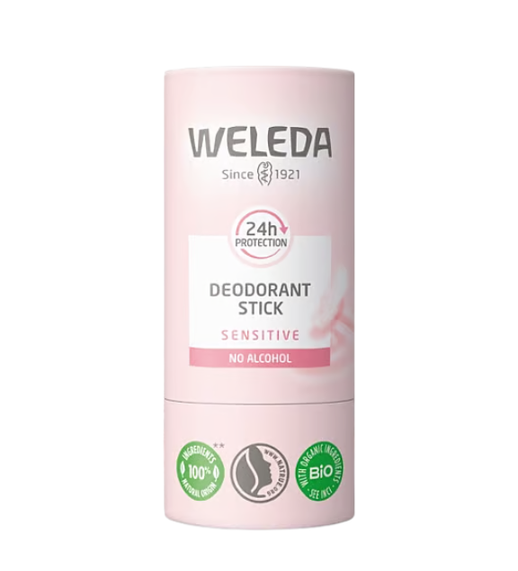 Desodorante para pieles sensibles, natural y en formato stick, sin alcohol ni aluminio. Protege 24 h, deja la piel suave y no mancha ropa ni piel.