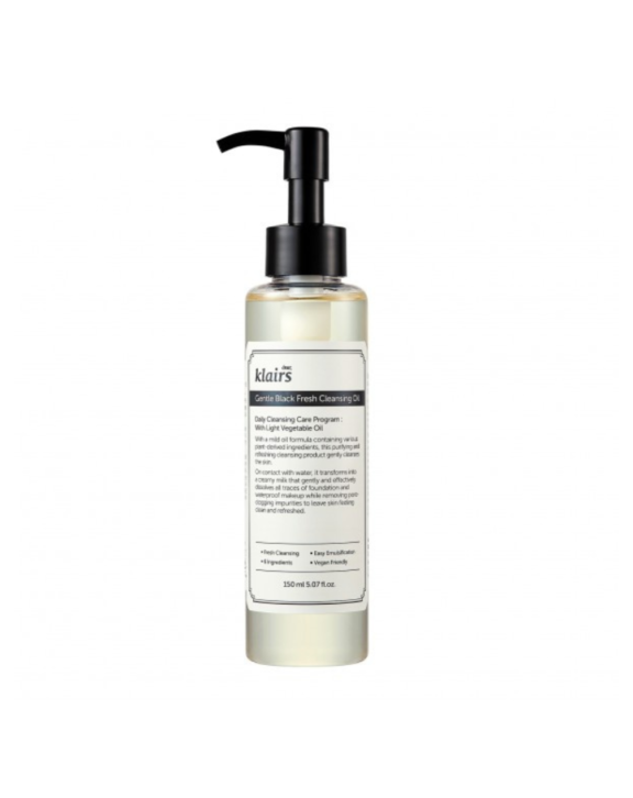 Aceite desmaquillante de Klairs 100% natural, con aceites vegetales y vitaminas A y E. Hidrata, suaviza y limpia la piel en profundidad.
