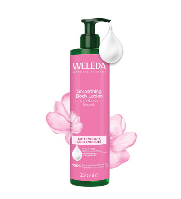 Leche corporal de rosa mosqueta y vitamina E vegetal que nutre, hidrata y suaviza la piel, mejorando su elasticidad y dejando un acabado aterciopelado.