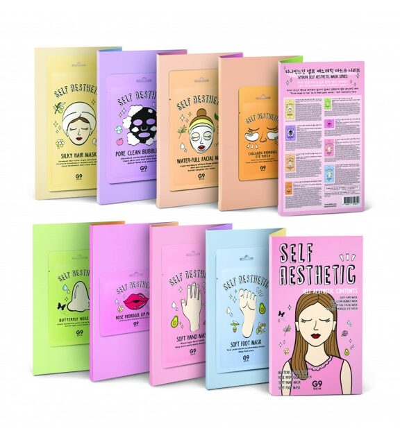 Packs de mascarillas de G9SKIN con 8 mascarillas para cara, cabello, manos y pies en formato revista, incluye parches y máscaras purificantes.
