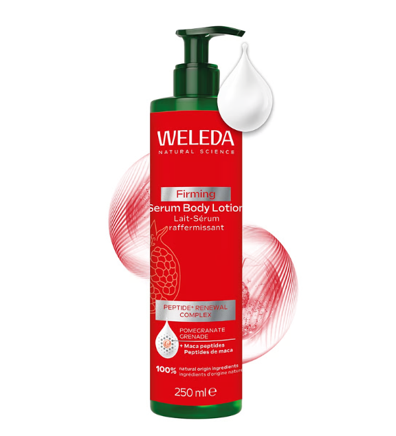 Leche corporal reafirmante con formulación de sérum, Hidrata, reafirma, mejora la elasticidad y combate el envejecimiento prematuro de la piel.